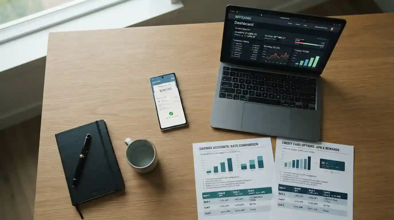 Teléfono inteligente con app de pago móvil, portátil con banca online y hojas comparativas