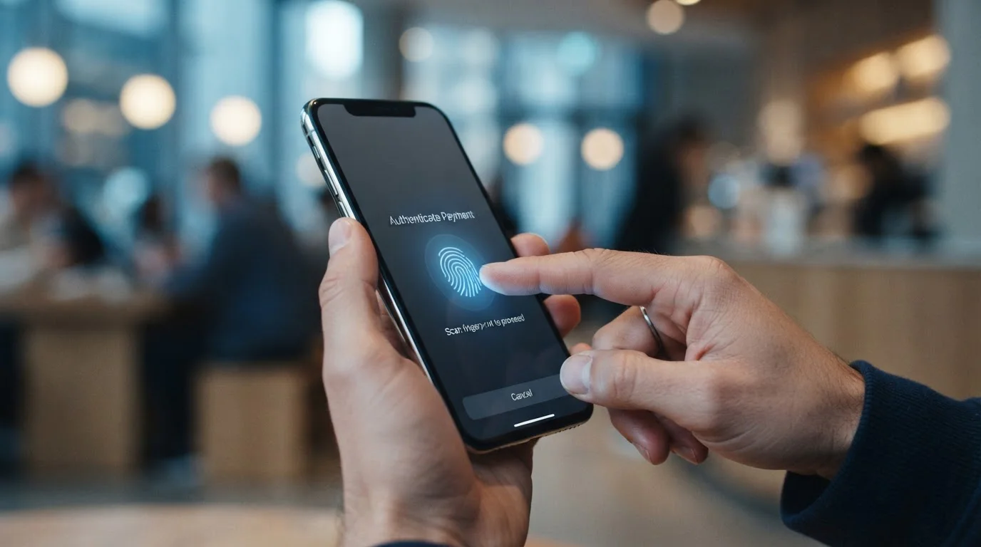 Primer plano de teléfono inteligente con autenticación biométrica en interfaz de pago