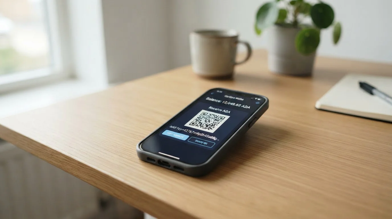 Billetera Cardano mostrando dirección de depósito y saldo disponible