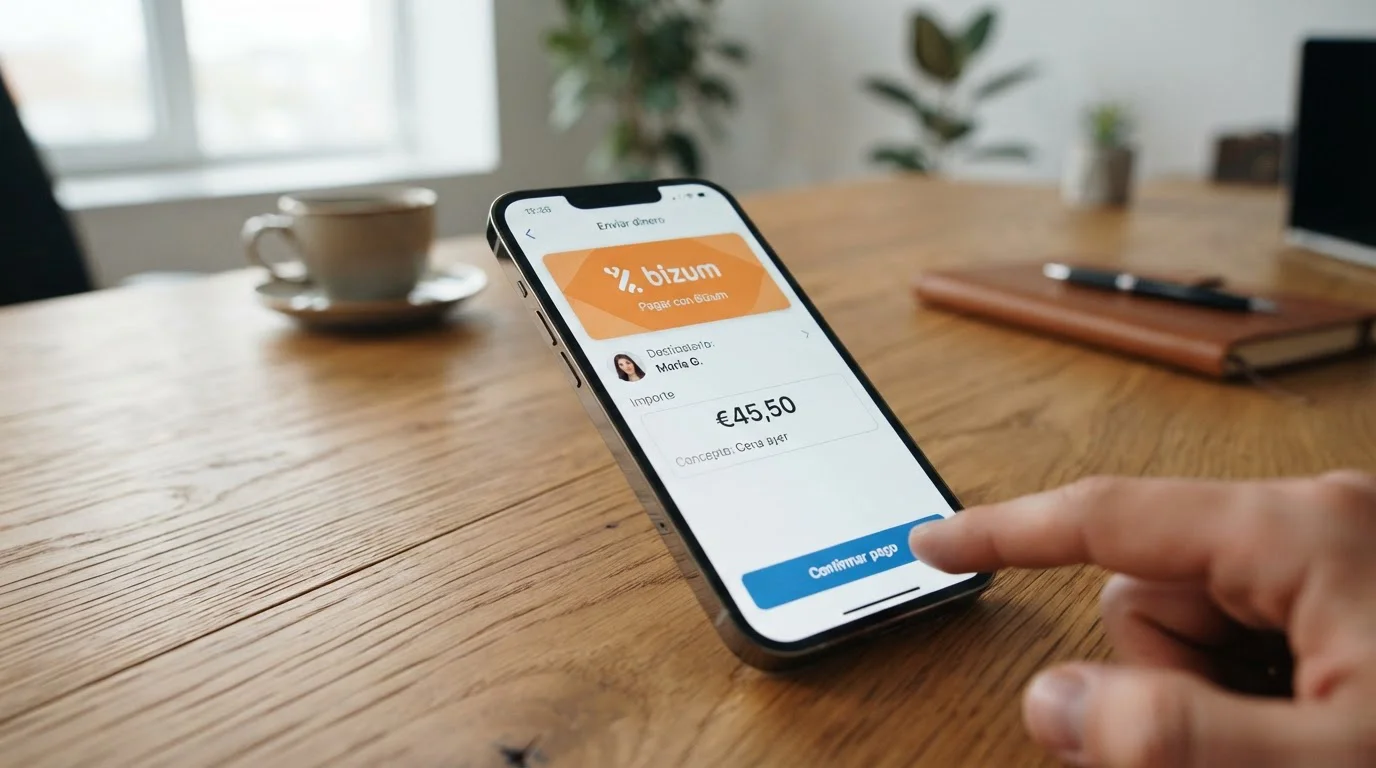 Móvil mostrando app bancaria con opción Bizum y símbolo de euro