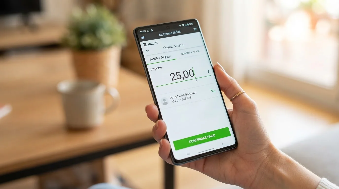 App bancaria española mostrando pantalla de pago Bizum para casino online