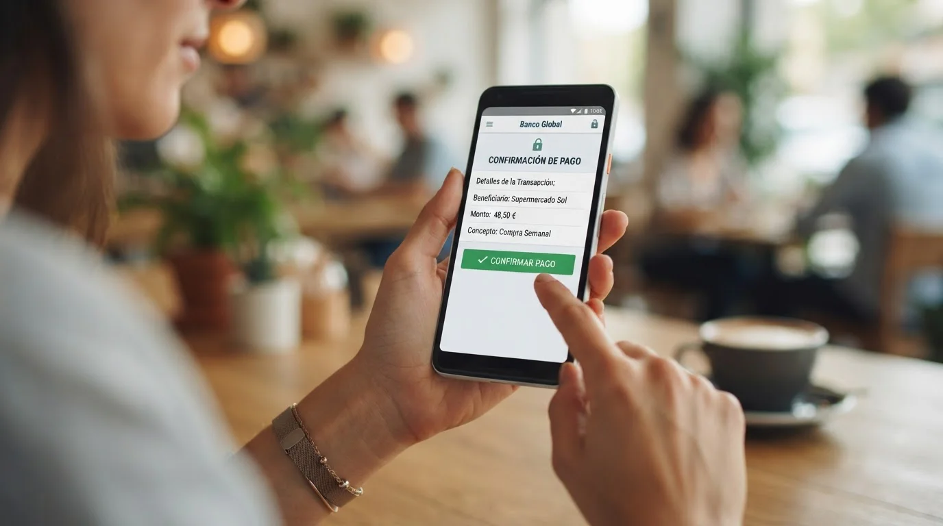Teléfono inteligente mostrando app bancaria con pago Bizum a casino online