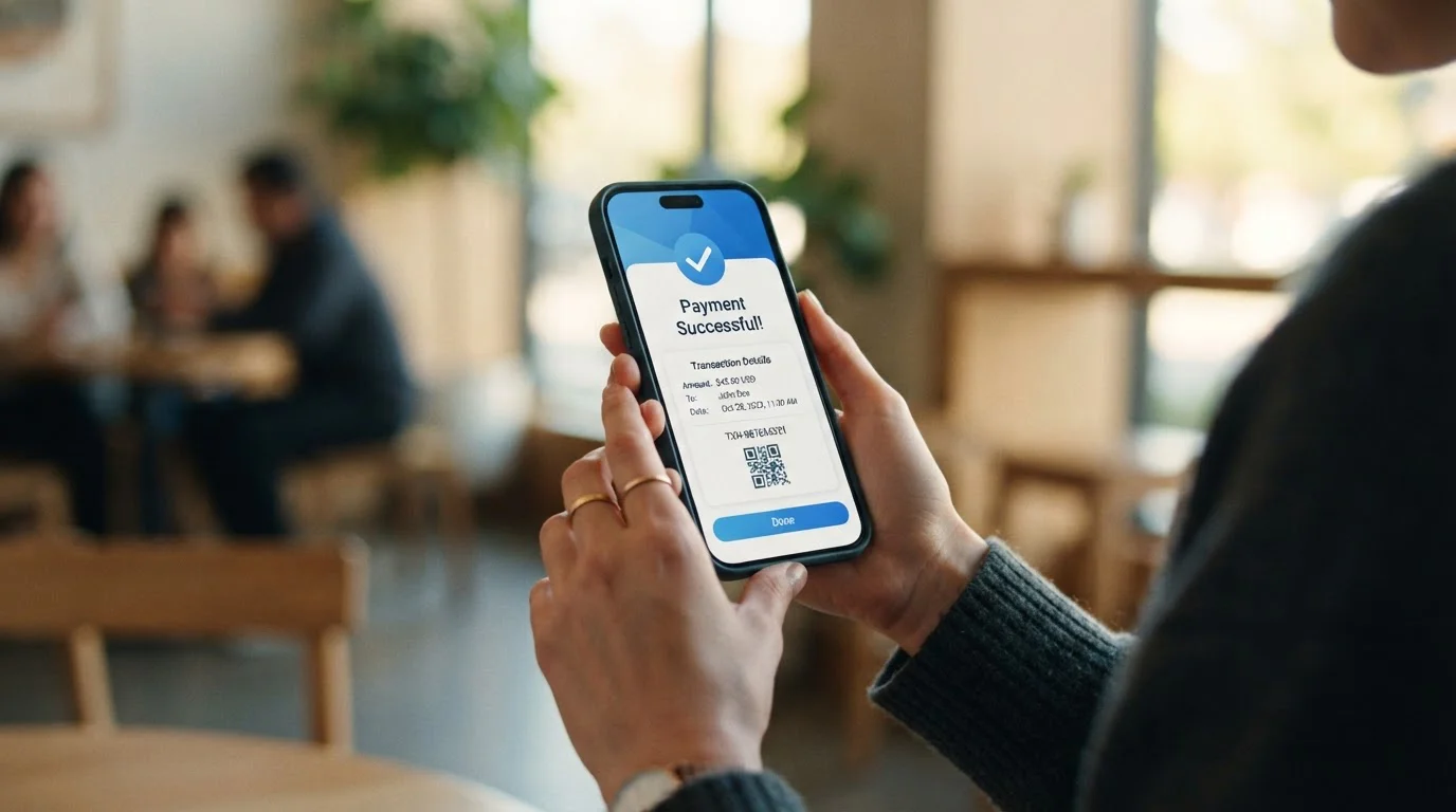 Manos sosteniendo teléfono inteligente con interfaz de pago instantáneo en pantalla