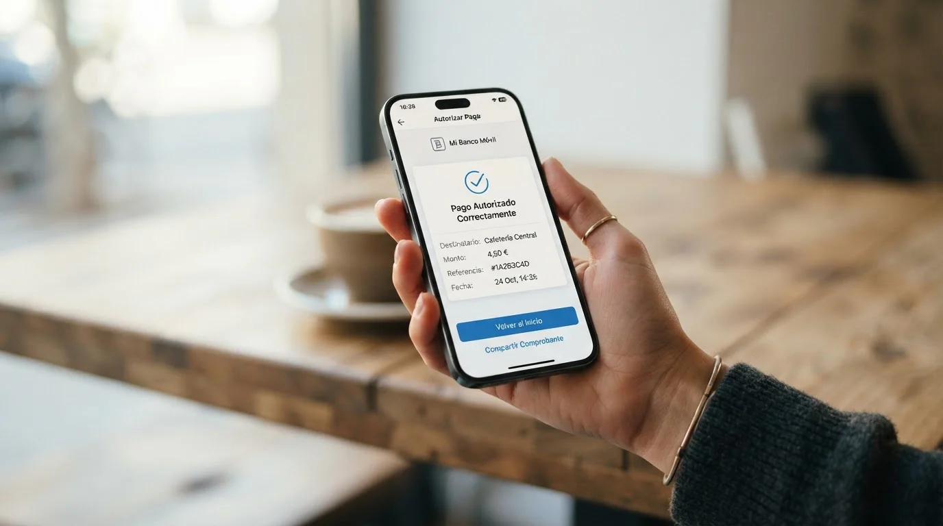 Persona usando teléfono inteligente con app bancaria para autorizar pago Bizum en casino online