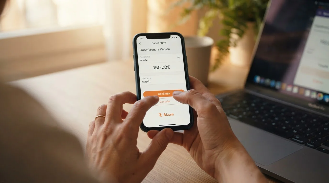Manos sujetando teléfono inteligente con interfaz de app bancaria Bizum y teclado de portátil al fondo
