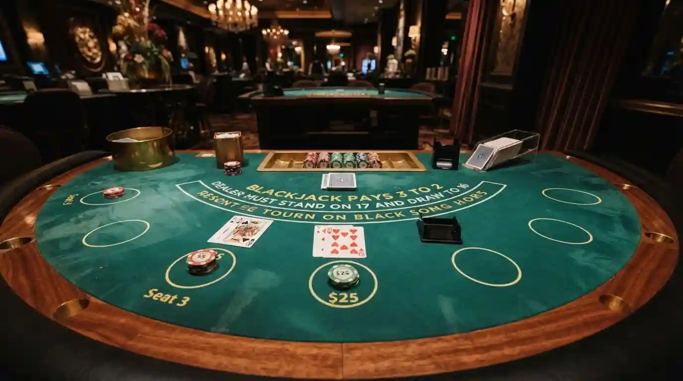 Vista aérea de una mesa de blackjack con cartas y fichas sobre un tapete verde