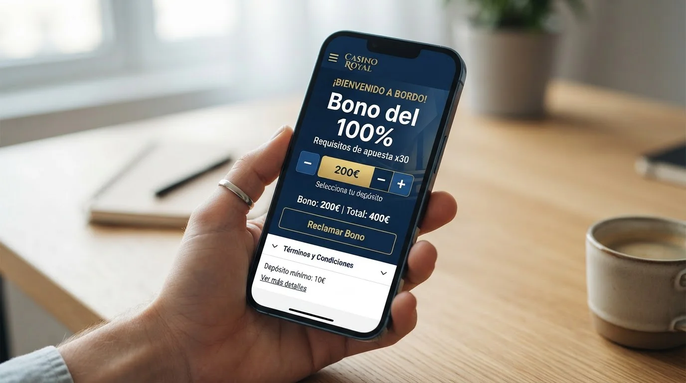 Pantalla de teléfono inteligente mostrando pantalla de bono de bienvenida con porcentaje de bonificación y términos