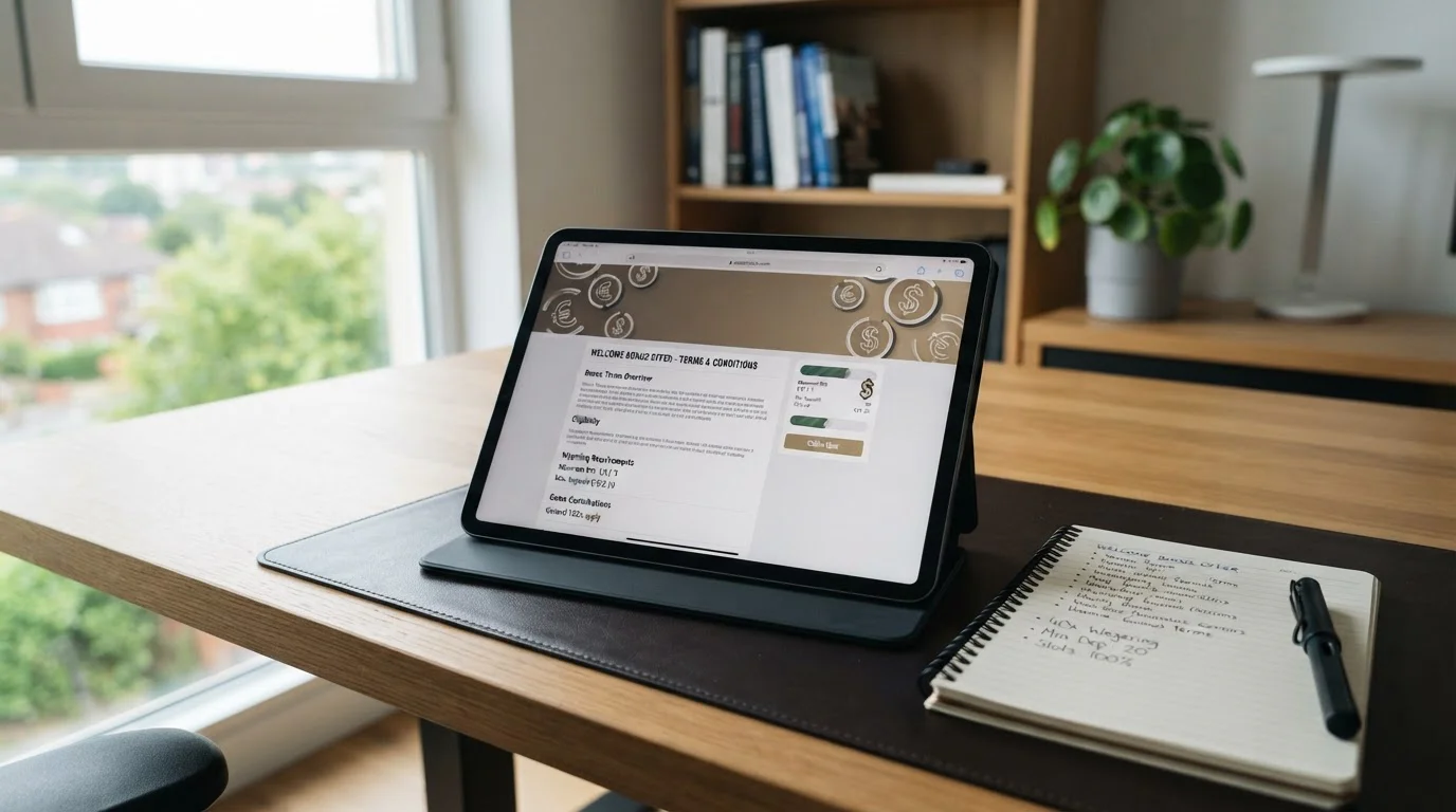 Tablet mostrando página de términos de bono con símbolos de moneda
