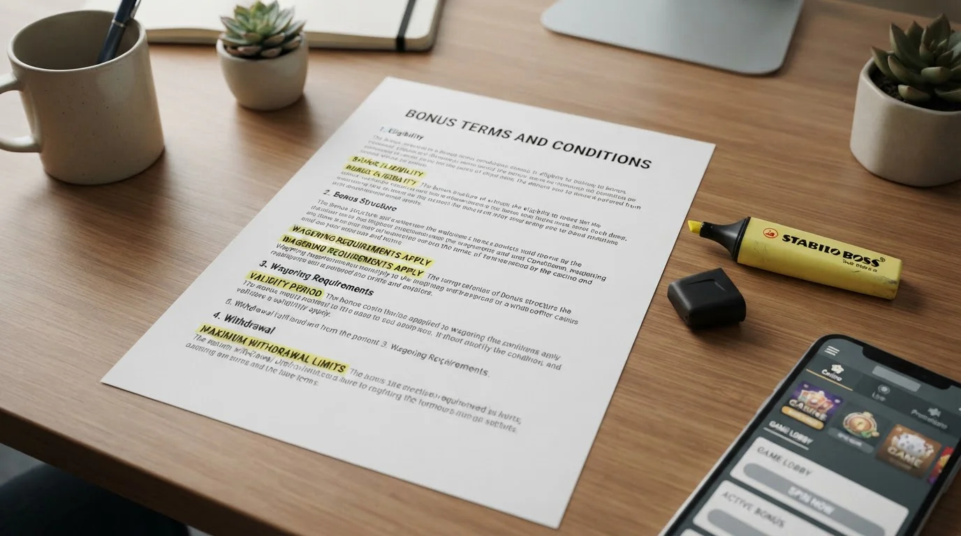 Documento impreso con términos de bonos sobre escritorio con marcador amarillo y teléfono inteligente