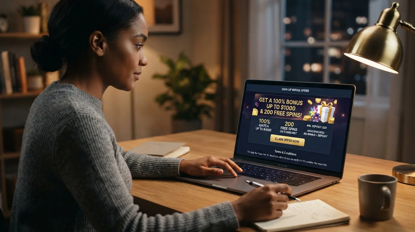 Interfaz de casino mostrando oferta de bono de bienvenida con términos y condiciones