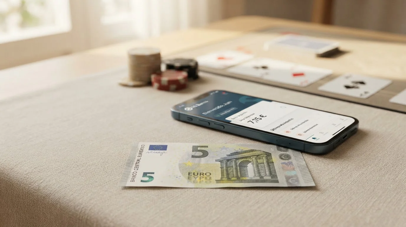 Billete de 5 euros junto a teléfono inteligente con app de casino y métodos de pago españoles