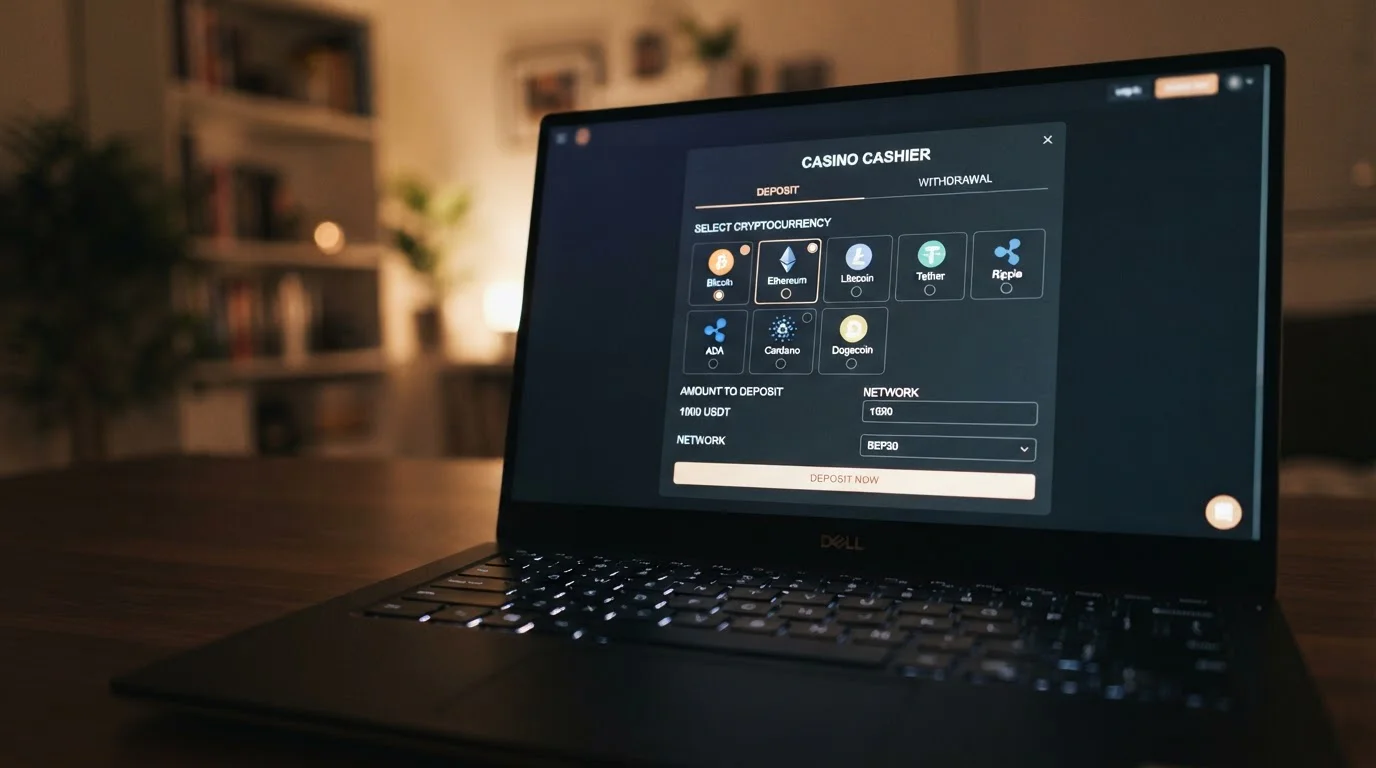 Interfaz de casino crypto mostrando múltiples criptomonedas incluyendo Cardano ADA
