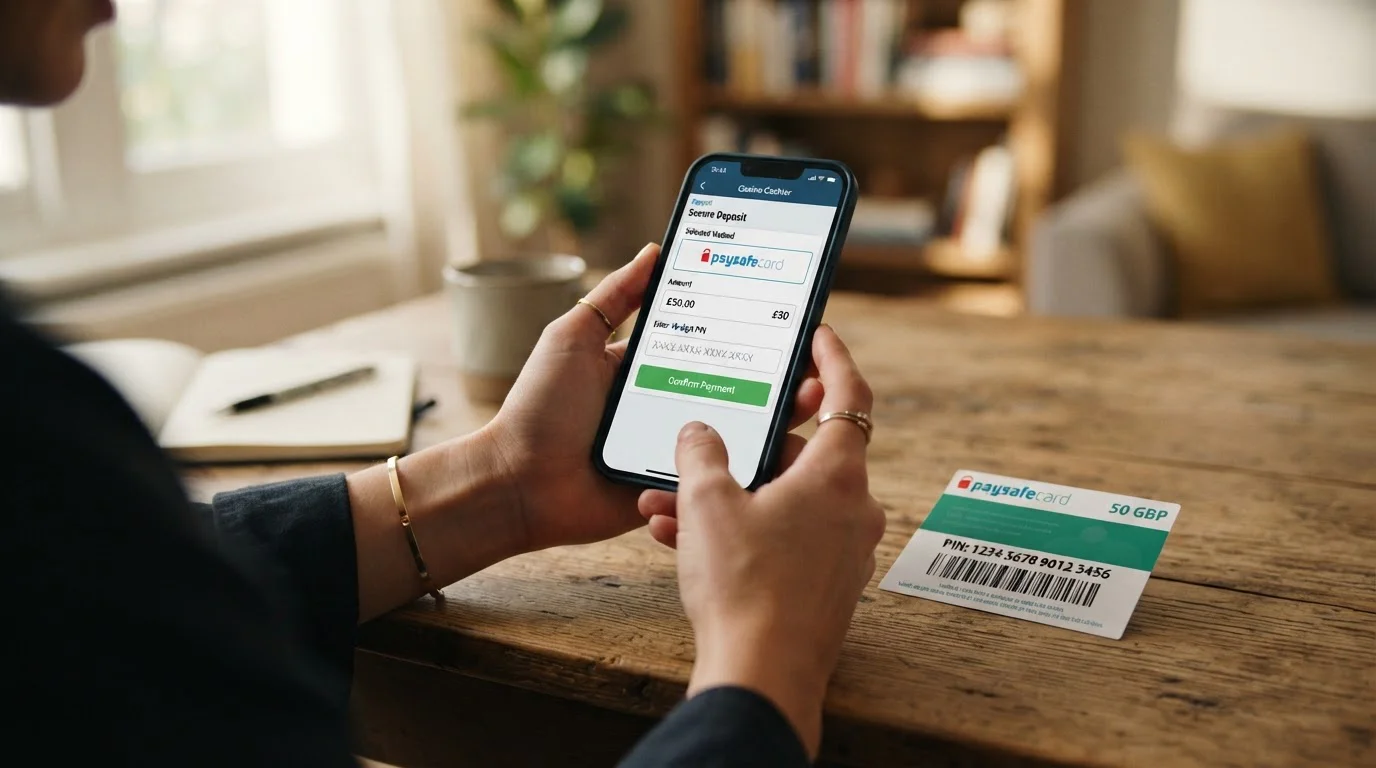 App móvil de casino mostrando depósito con Paysafecard