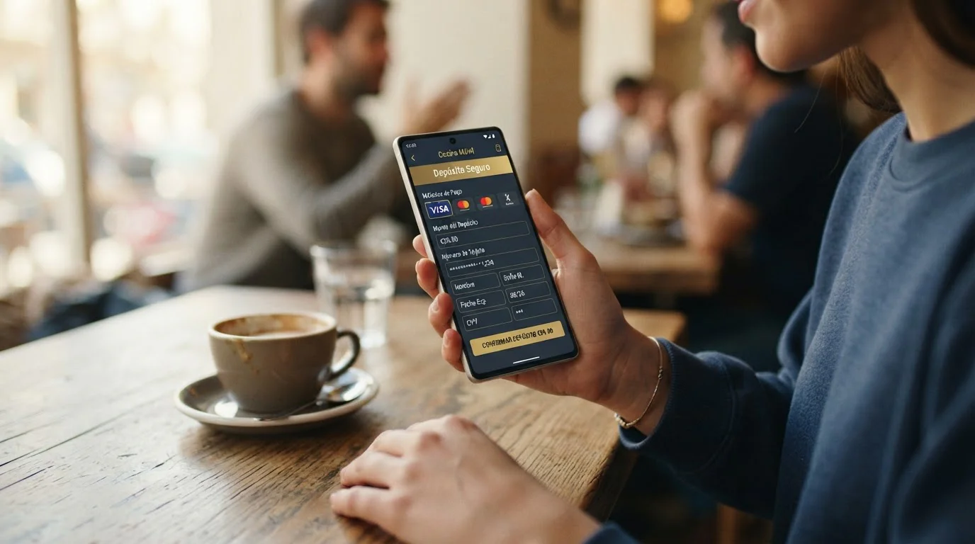 Teléfono inteligente mostrando app de casino con método de pago Visa seleccionado