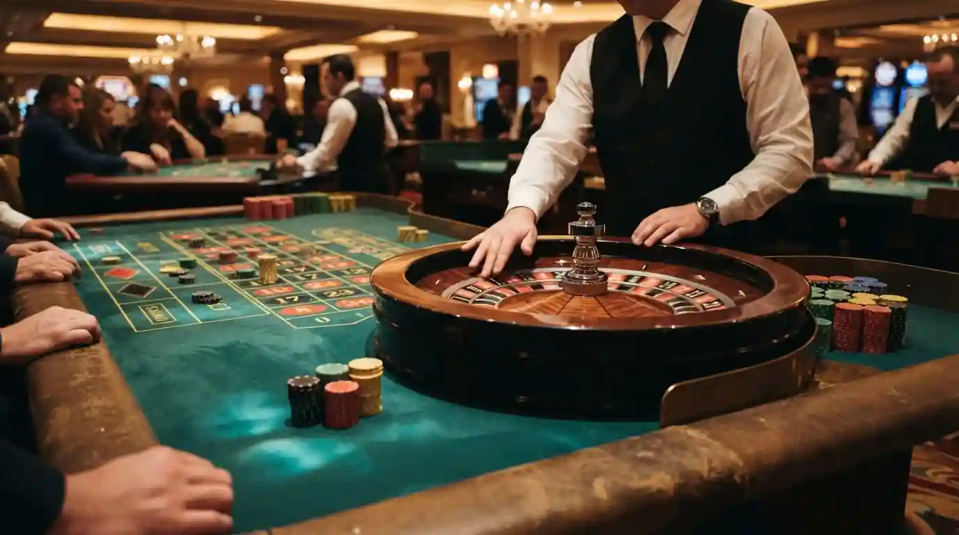 Ruleta de casino en vivo con crupier y fichas sobre mesa verde