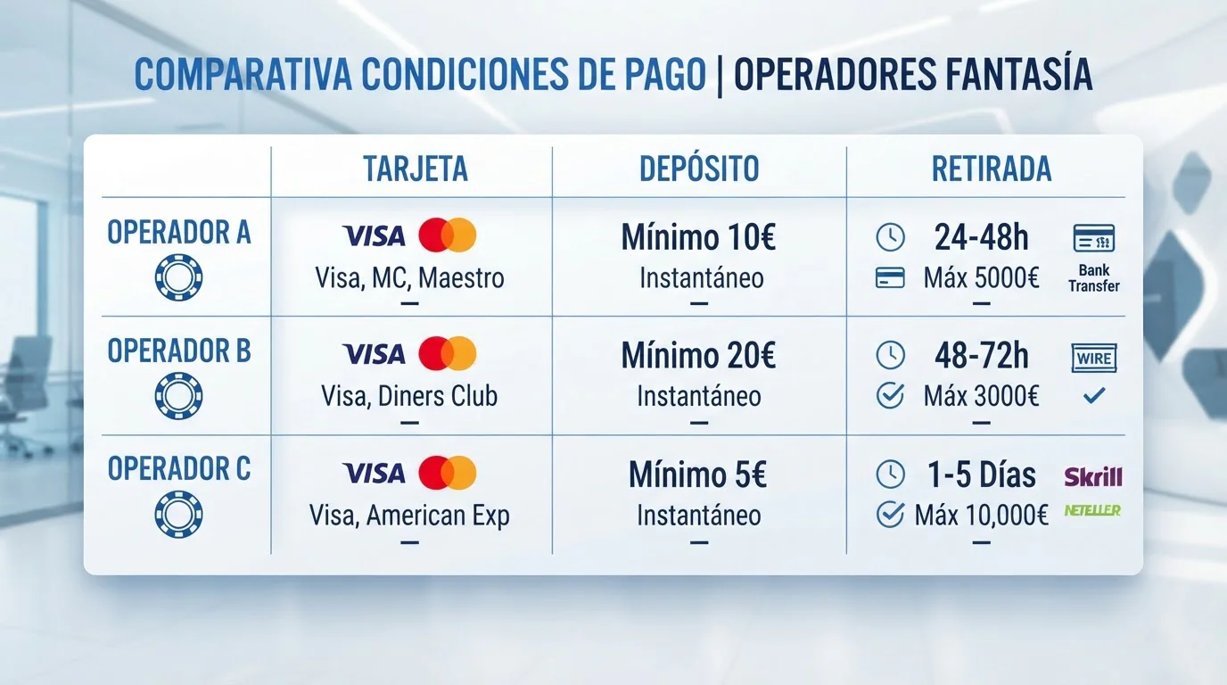 Tabla ilustrativa de condiciones de pago de varios operadores de casino