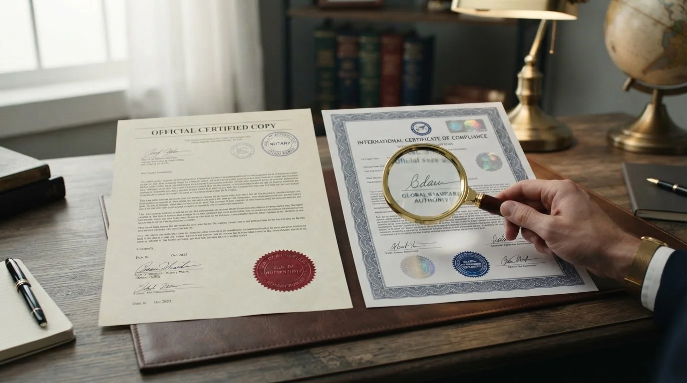 Comparación visual de documentos oficiales y certificados internacionales con lupa examinando detalles