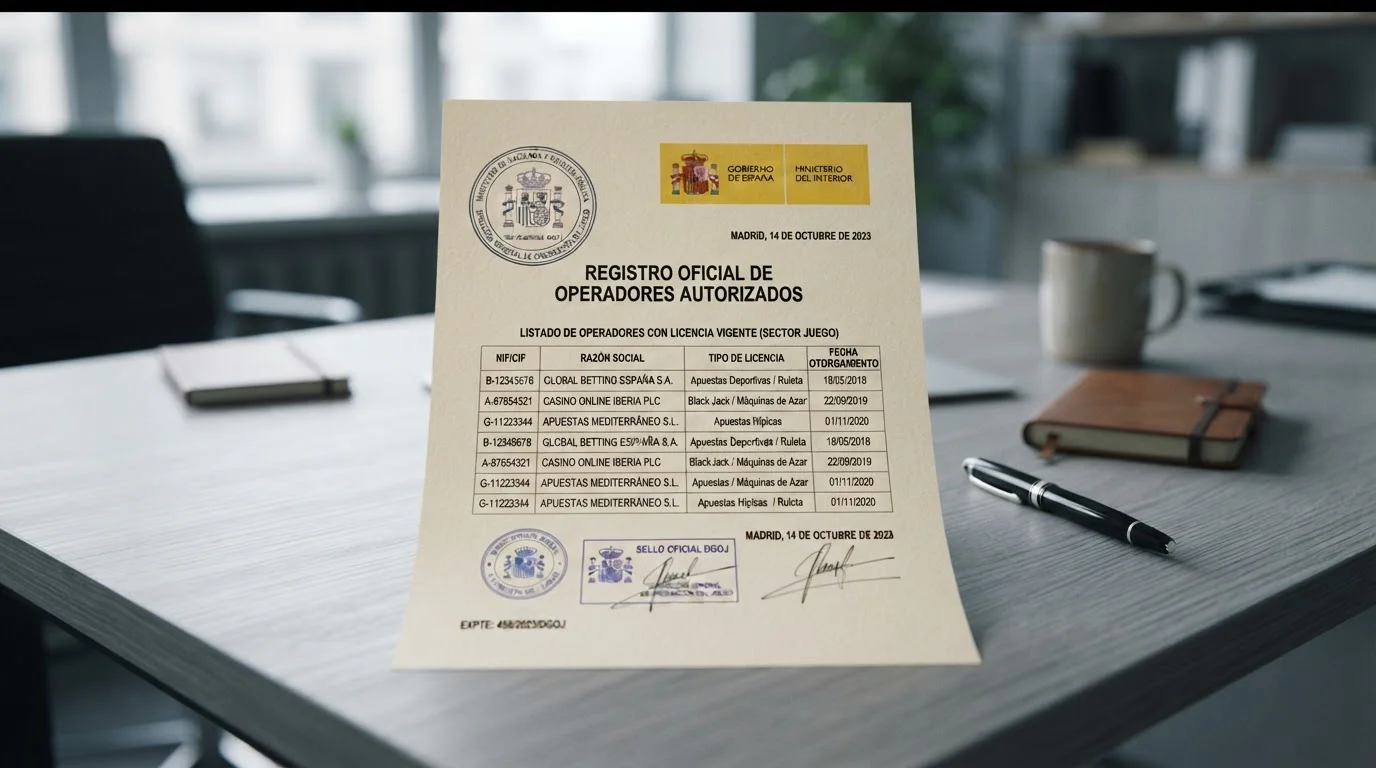 Ilustración de un documento regulatorio con una lista de operadores y un sello genérico
