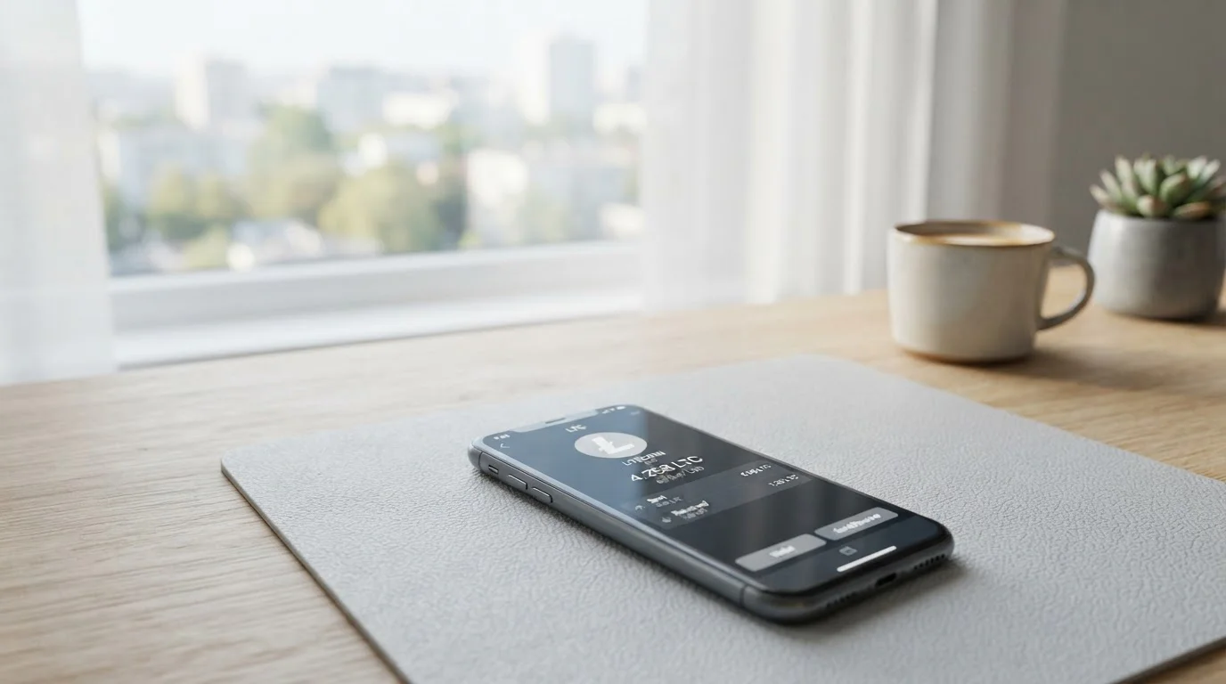 Teléfono inteligente mostrando wallet de Litecoin sobre escritorio moderno