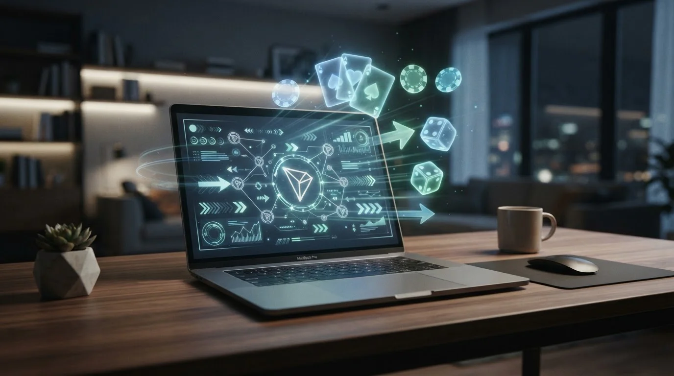 Escritorio con portátil mostrando transacción blockchain Tron y símbolos de casino digital