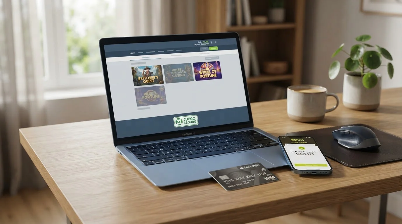 Escritorio con tarjeta Visa y dispositivos mostrando casinos online españoles