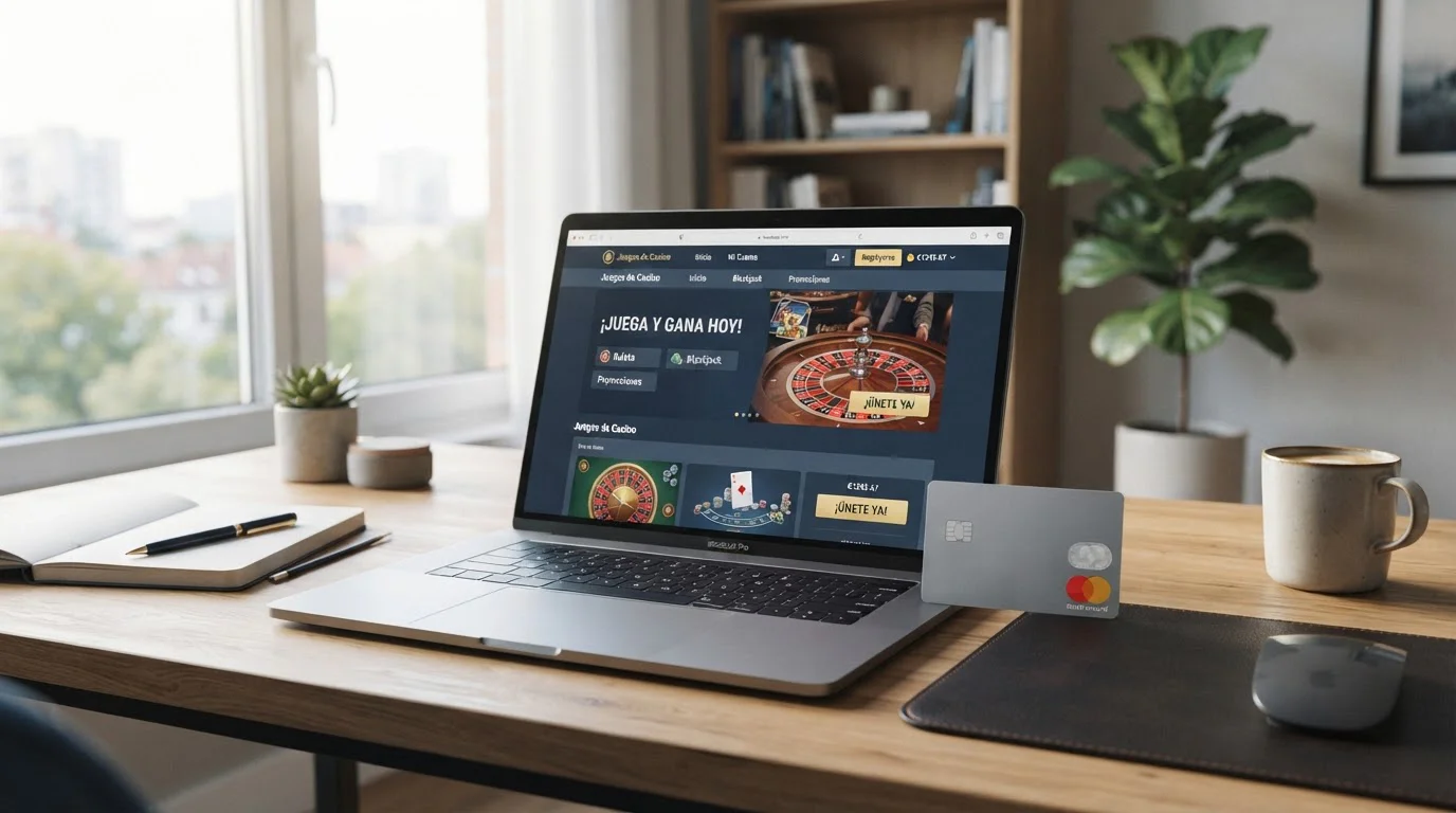 Escritorio con tarjeta Mastercard y portátil mostrando interfaz de casino online en España