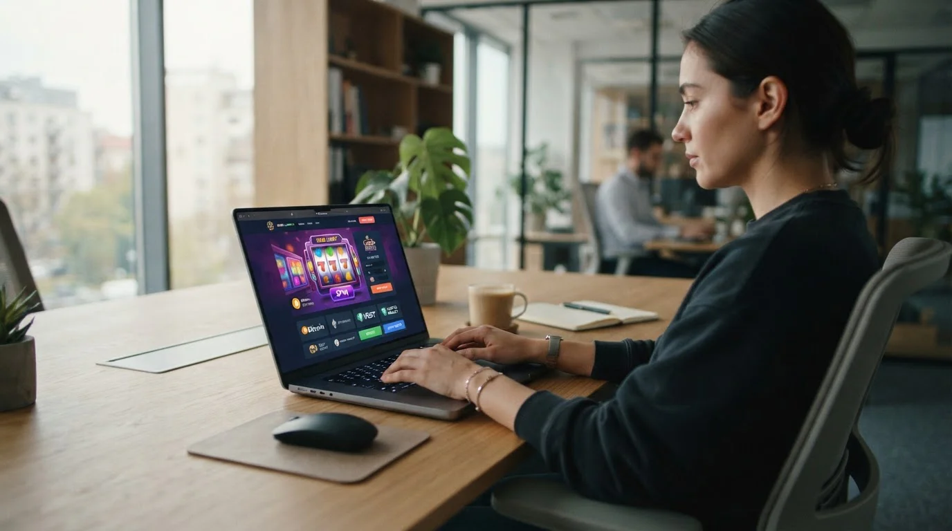 Persona usando portátil para jugar en casino online con criptomonedas Dogecoin