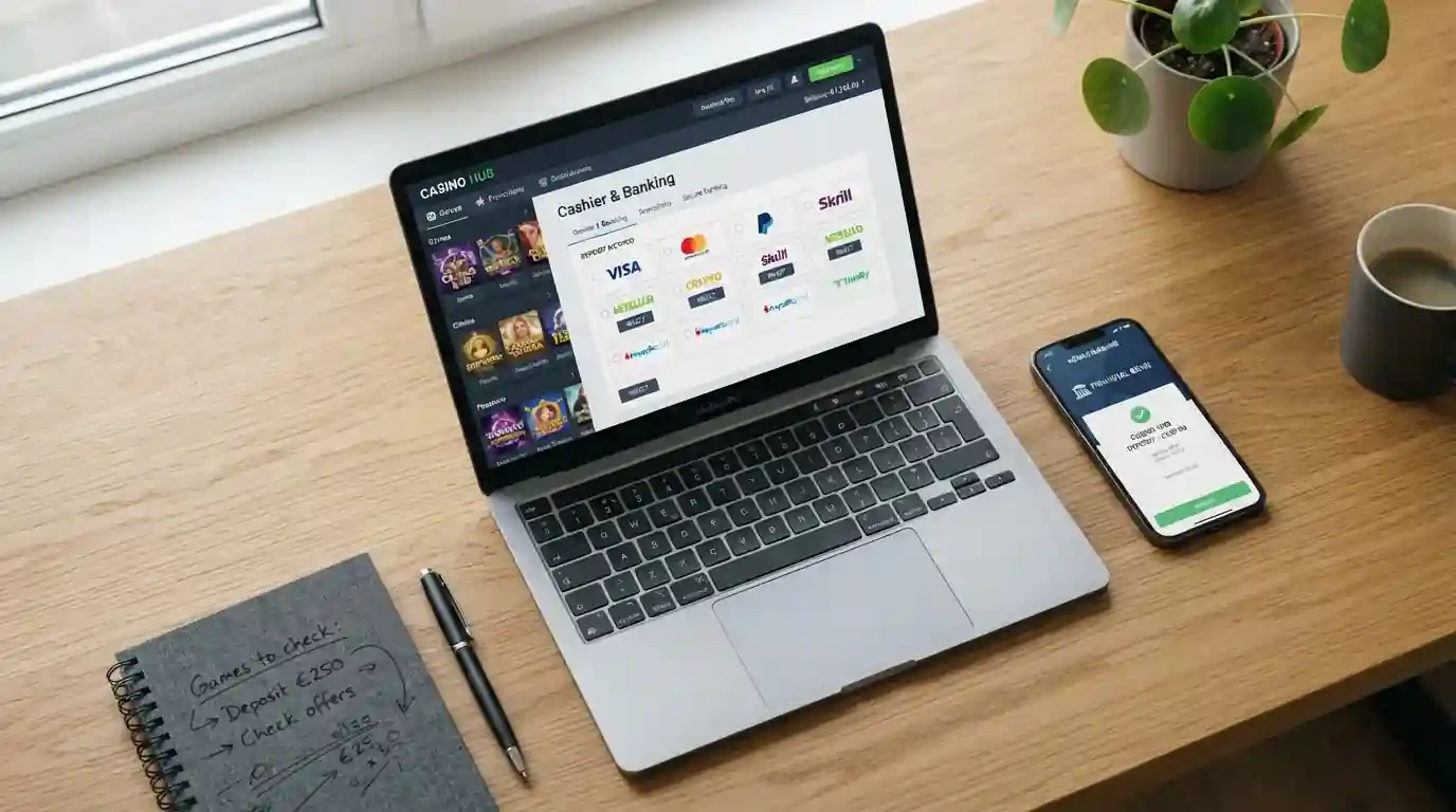 Interfaz de casino online mostrando métodos de pago rápidos y verificación bancaria