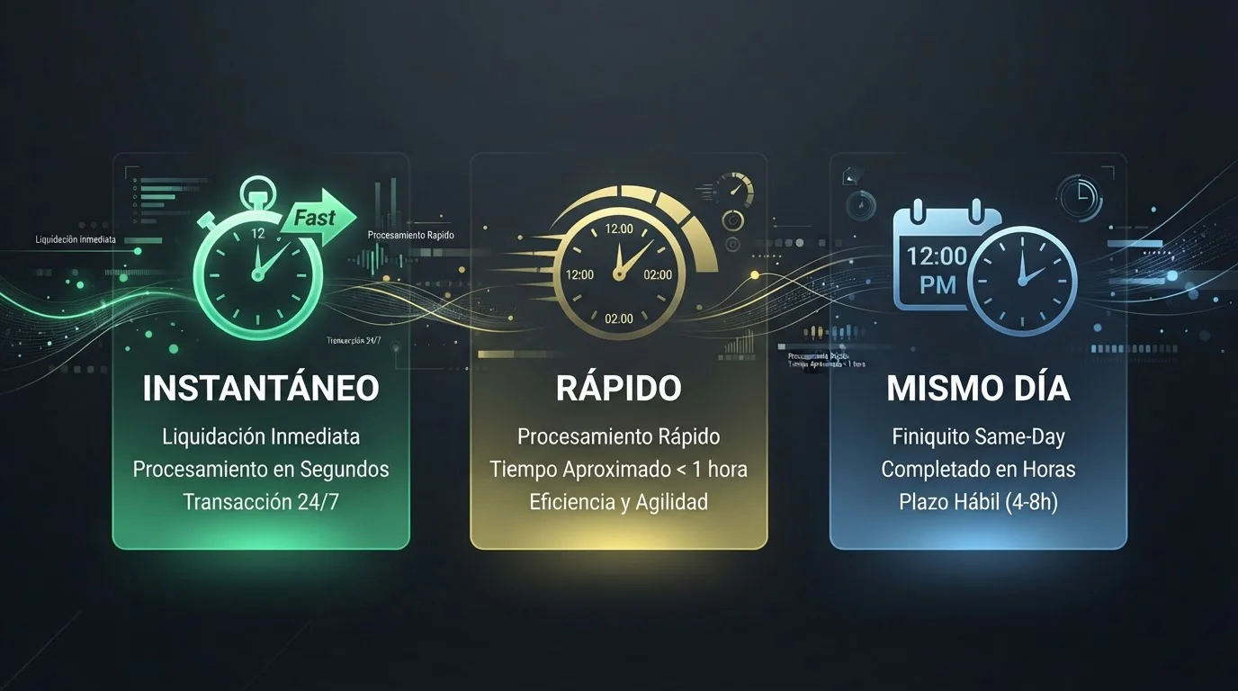 Cronómetro marcando diferentes rangos de tiempo de retiro con iconos de métodos de pago