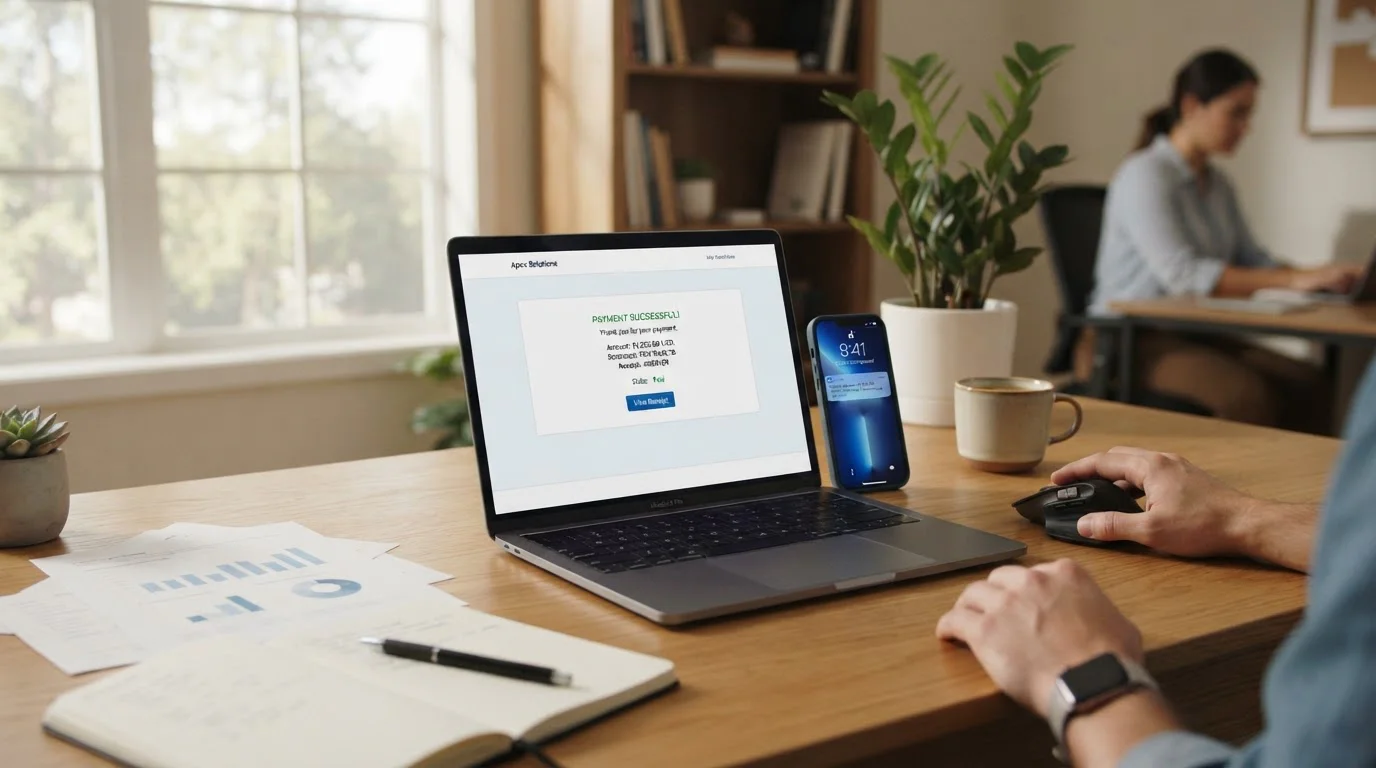 Portátil con una confirmación de transferencia y móvil con una notificación bancaria