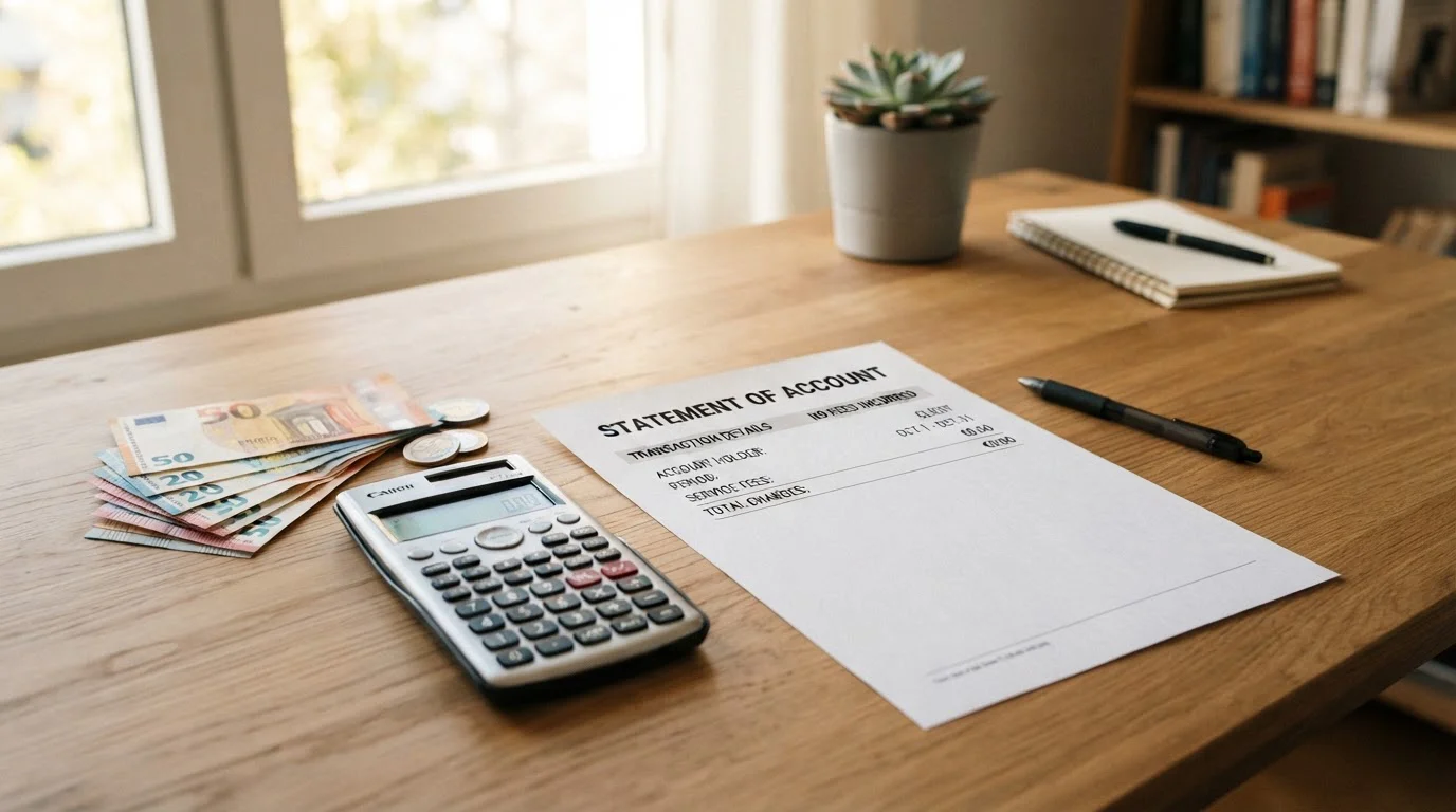 Calculadora con billetes euro y documento tarifas transparente mostrando cero comisiones