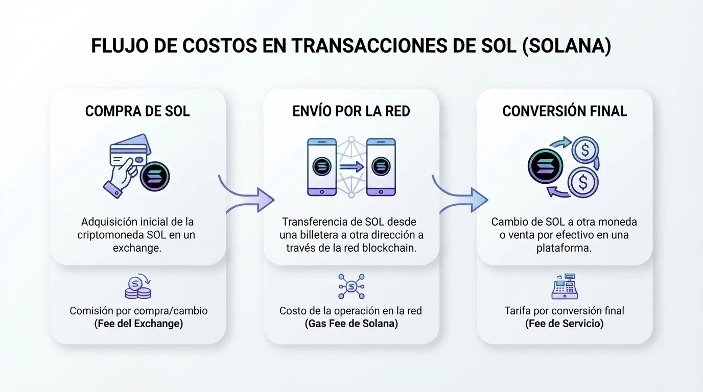 Esquema de los costes de compra, envío y conversión de SOL
