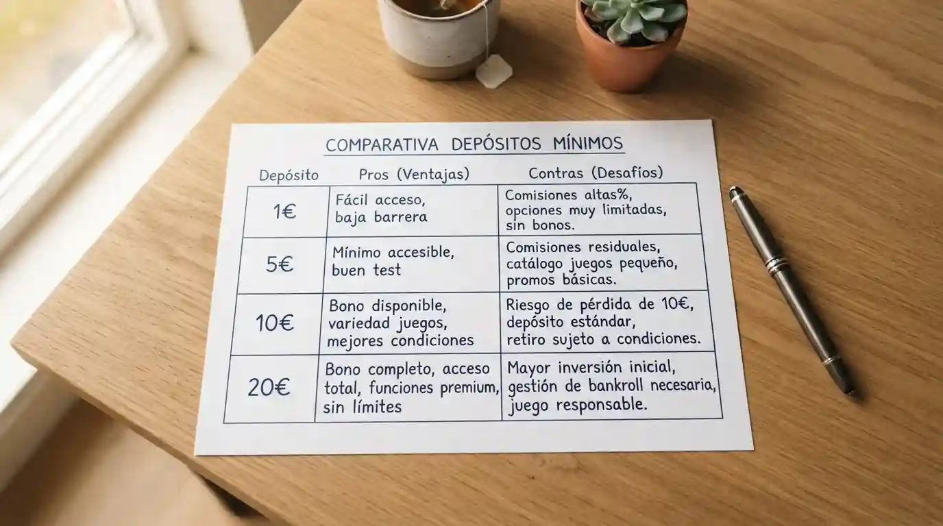 Tabla manuscrita comparando ventajas de depositar 1, 5, 10 y 20 euros