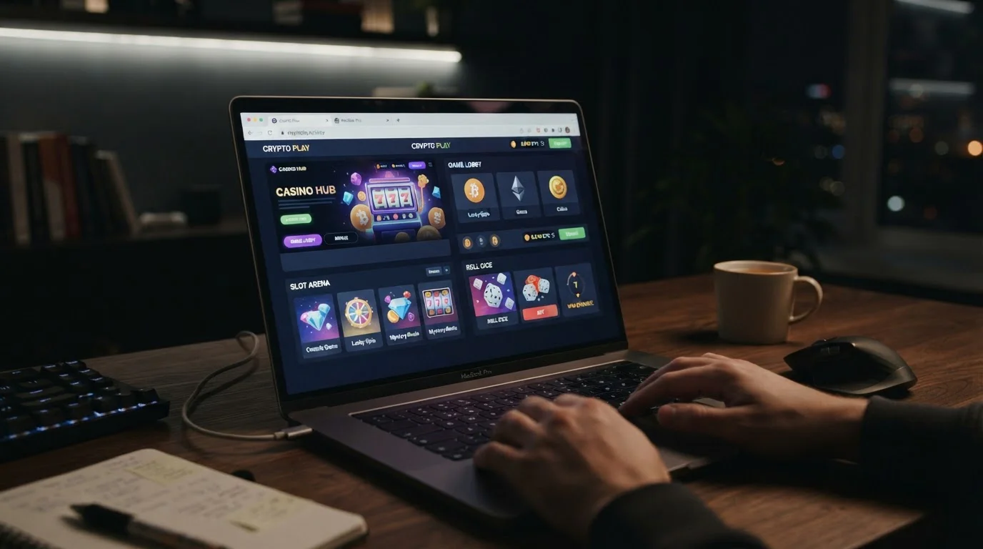 Pantalla de portátil mostrando interfaces de múltiples casinos cripto con logos genéricos