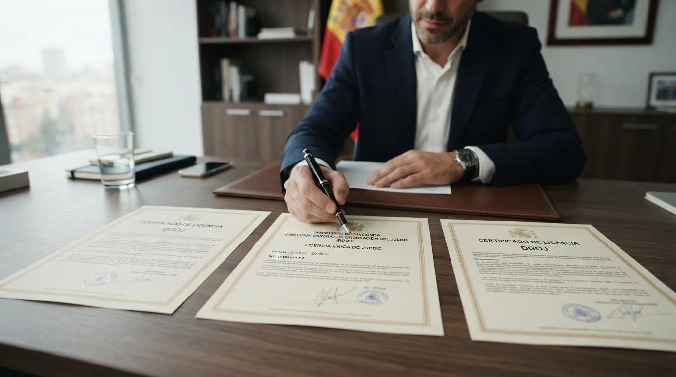 Escritorio con tres documentos de licencia DGOJ lado a lado, mano de empresario señalando documento central