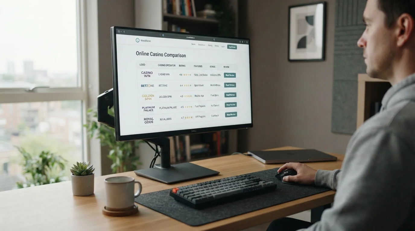 Tabla comparativa de casinos en pantalla de ordenador con logotipos genéricos de operadores