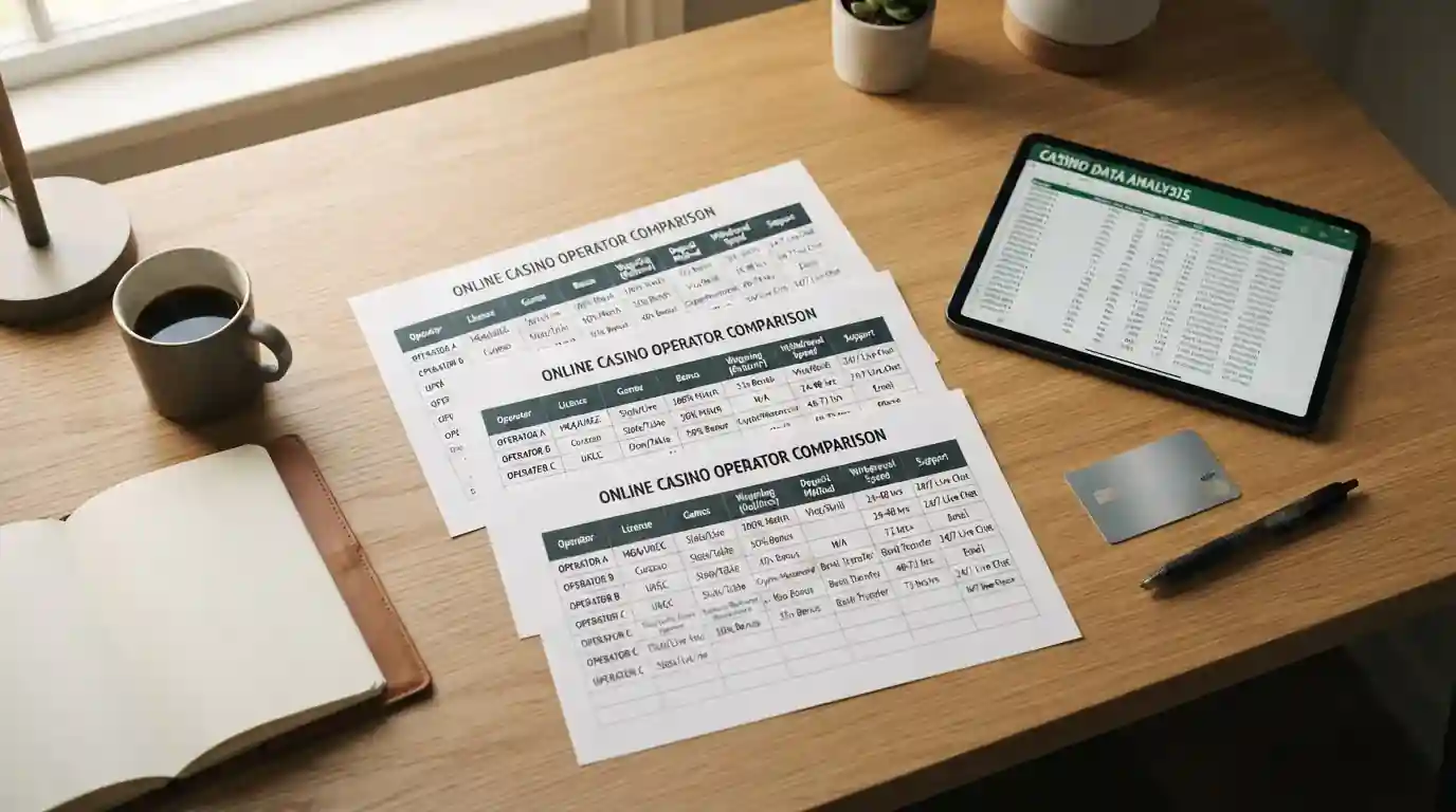 Vista superior de escritorio con hojas de comparación de casinos, tablet con datos y tarjeta