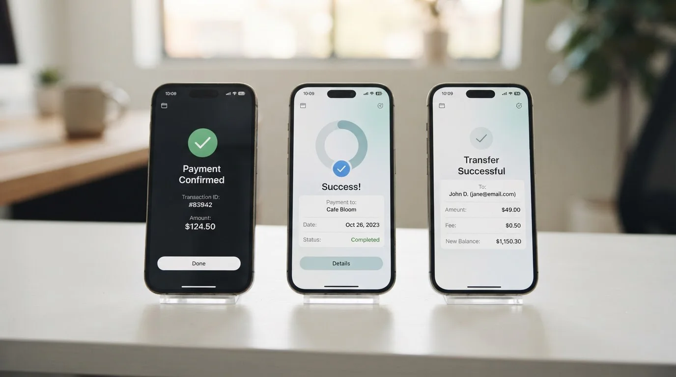 Tres móviles con interfaces genéricas de monederos y confirmaciones de pago