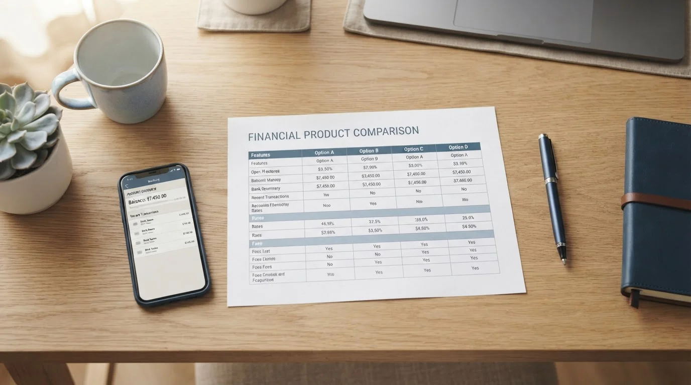 Vista cenital de tabla comparativa impresa con operadores de casino y teléfono inteligente con app bancaria