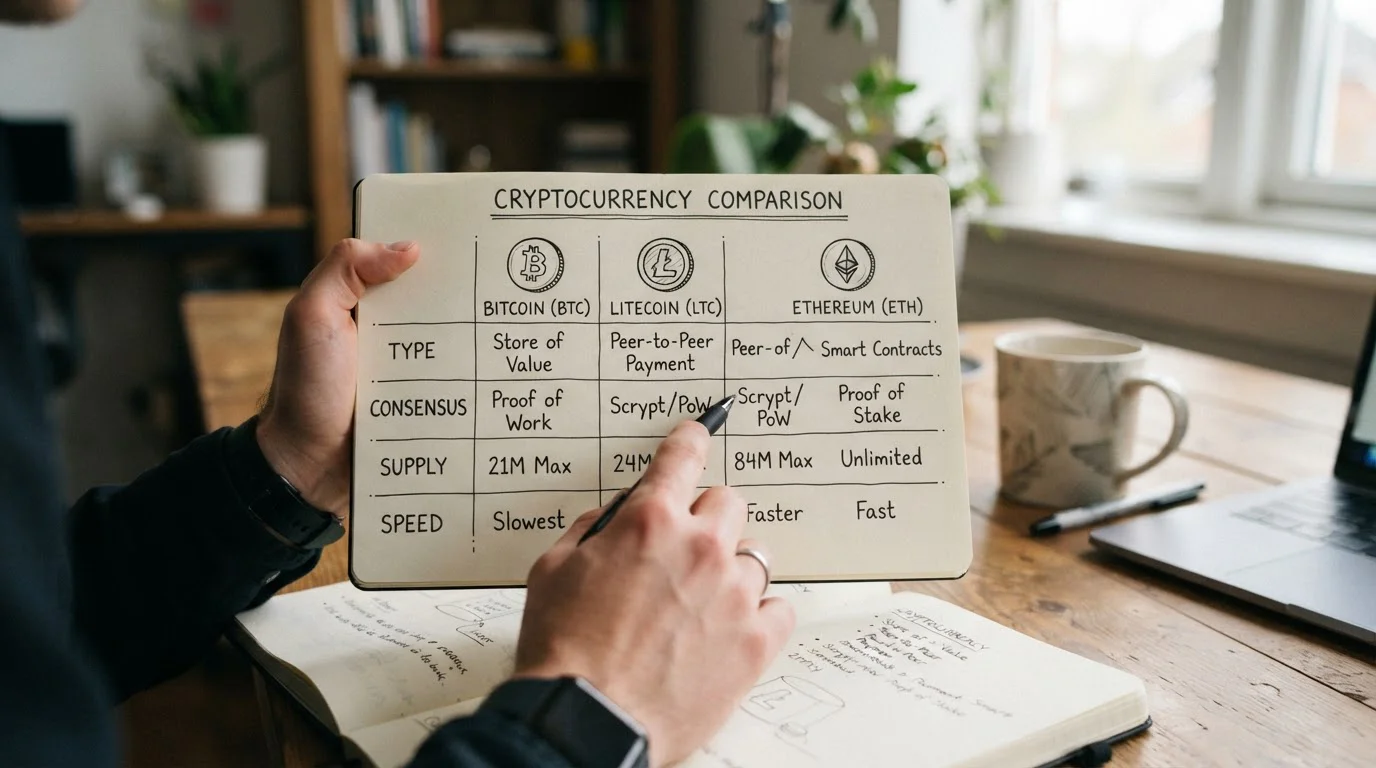 Gráfico comparativo manuscrito de criptomonedas con iconos BTC LTC ETH
