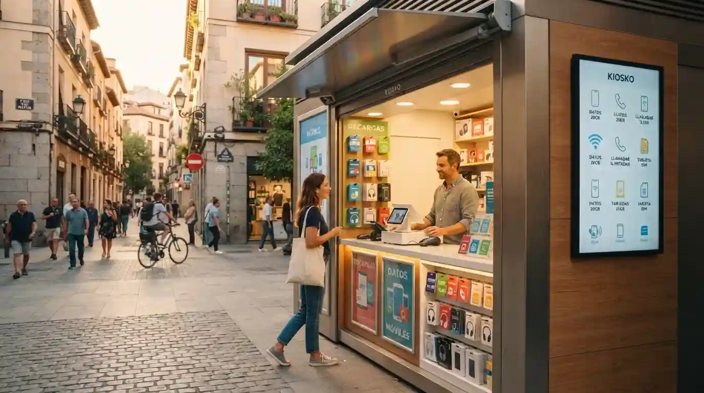 Quiosco español con productos digitales donde se pueden adquirir vales prepagos