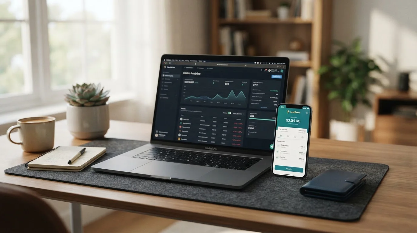 Escritorio ordenado con portátil mostrando panel de control casino, teléfono inteligente con app MuchBetter y billetera