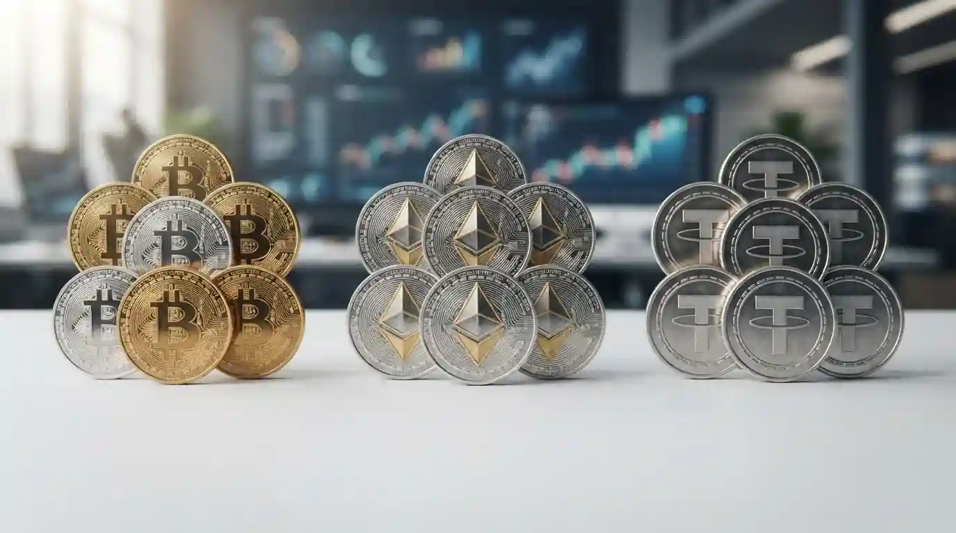 Símbolos de diferentes criptomonedas Bitcoin Ethereum USDT sobre fondo limpio