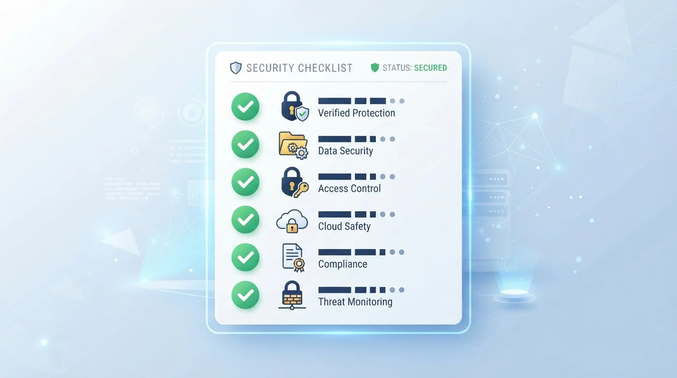 Lista de verificación de seguridad con marcas de comprobación y símbolos de candado