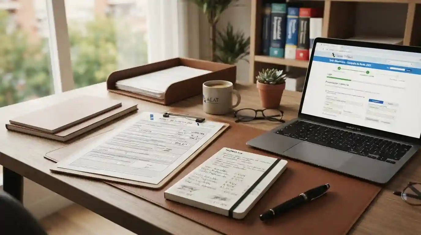Formulario Modelo 100 AEAT con notas manuscritas y portátil abierto