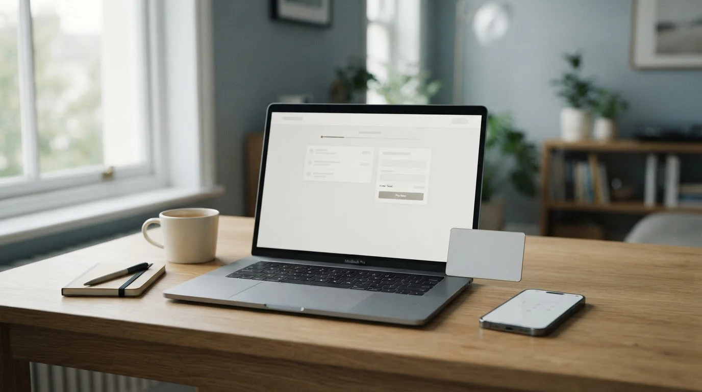 Portátil y móvil con interfaces genéricas de pago sobre un escritorio