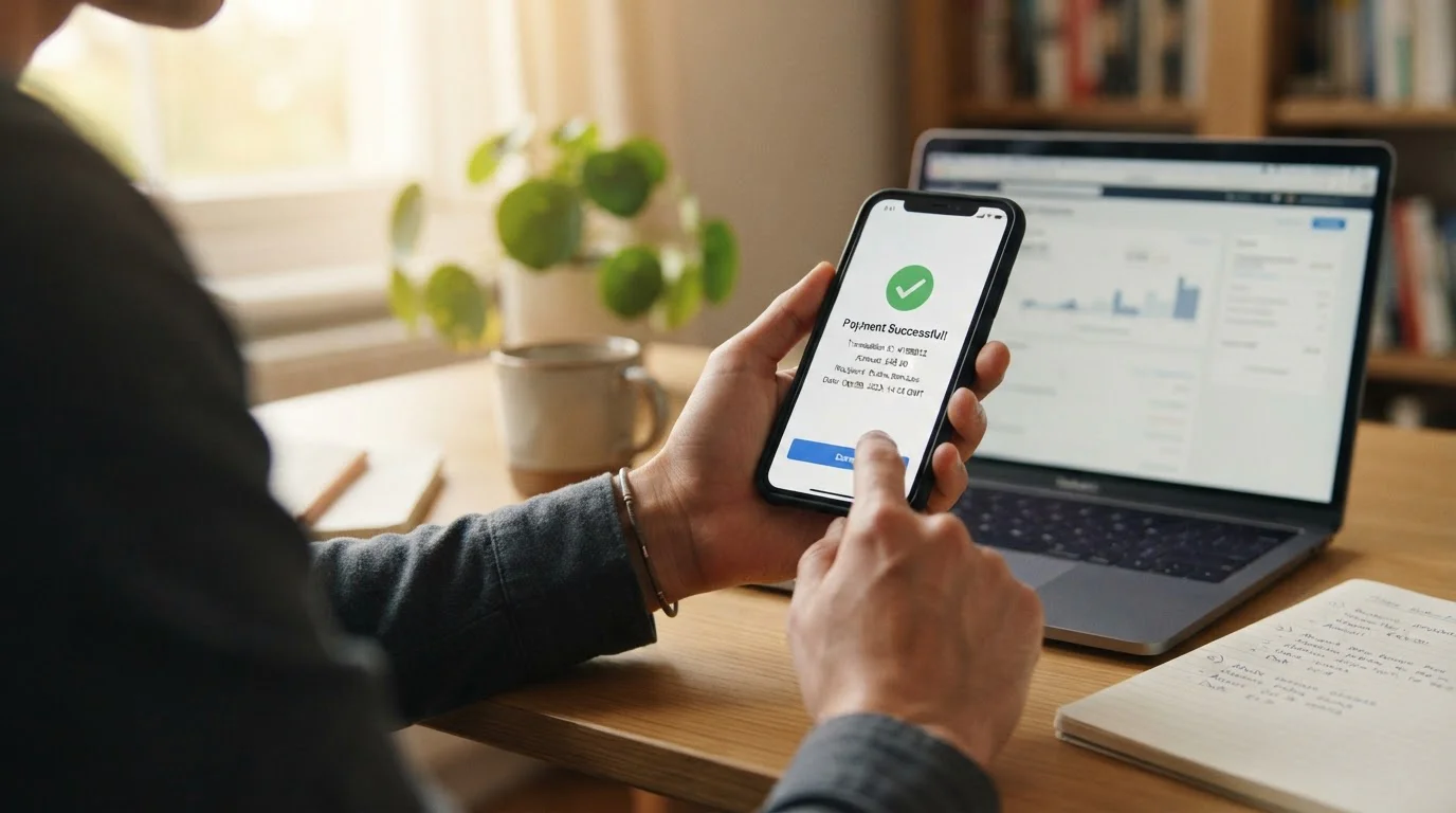 Persona usando teléfono inteligente para confirmar transacción en app de Skrill con portátil en segundo plano