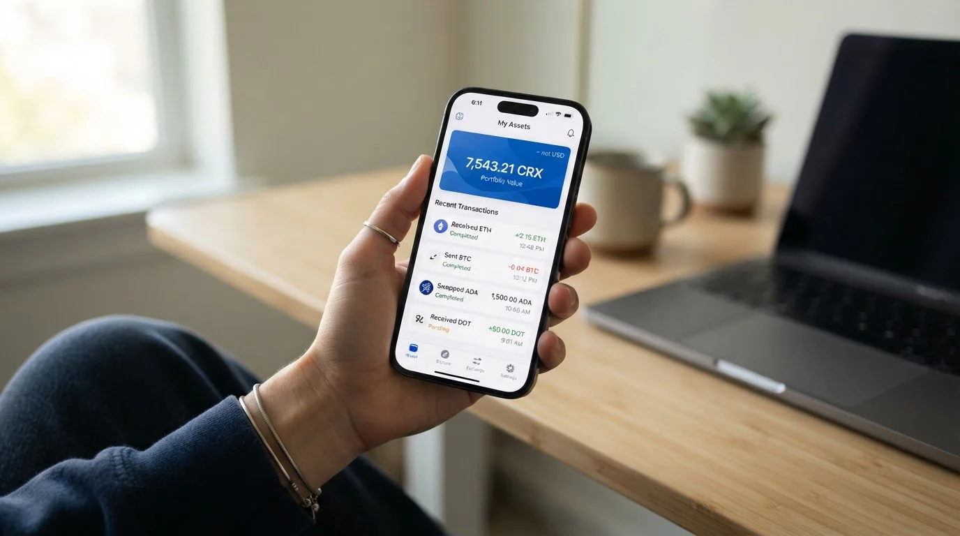 Teléfono inteligente mostrando app de wallet Dogecoin con transacción de depósito