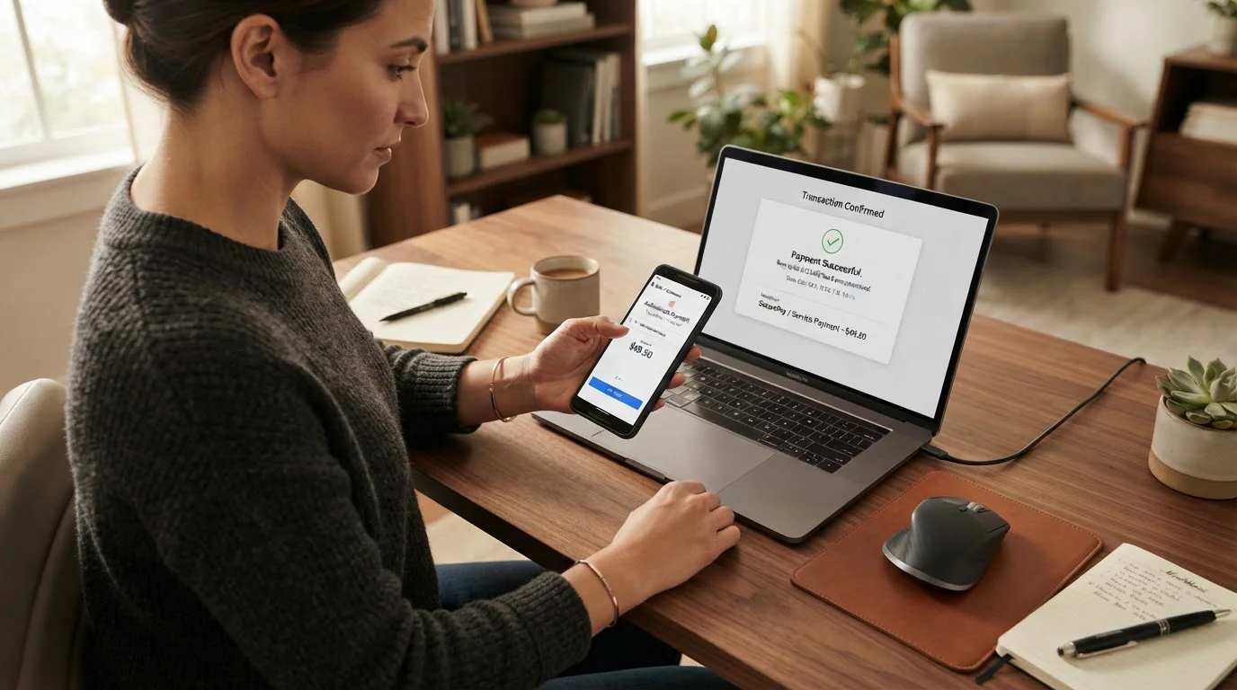 Persona en escritorio usando teléfono inteligente para autorizar pago con portátil mostrando confirmación