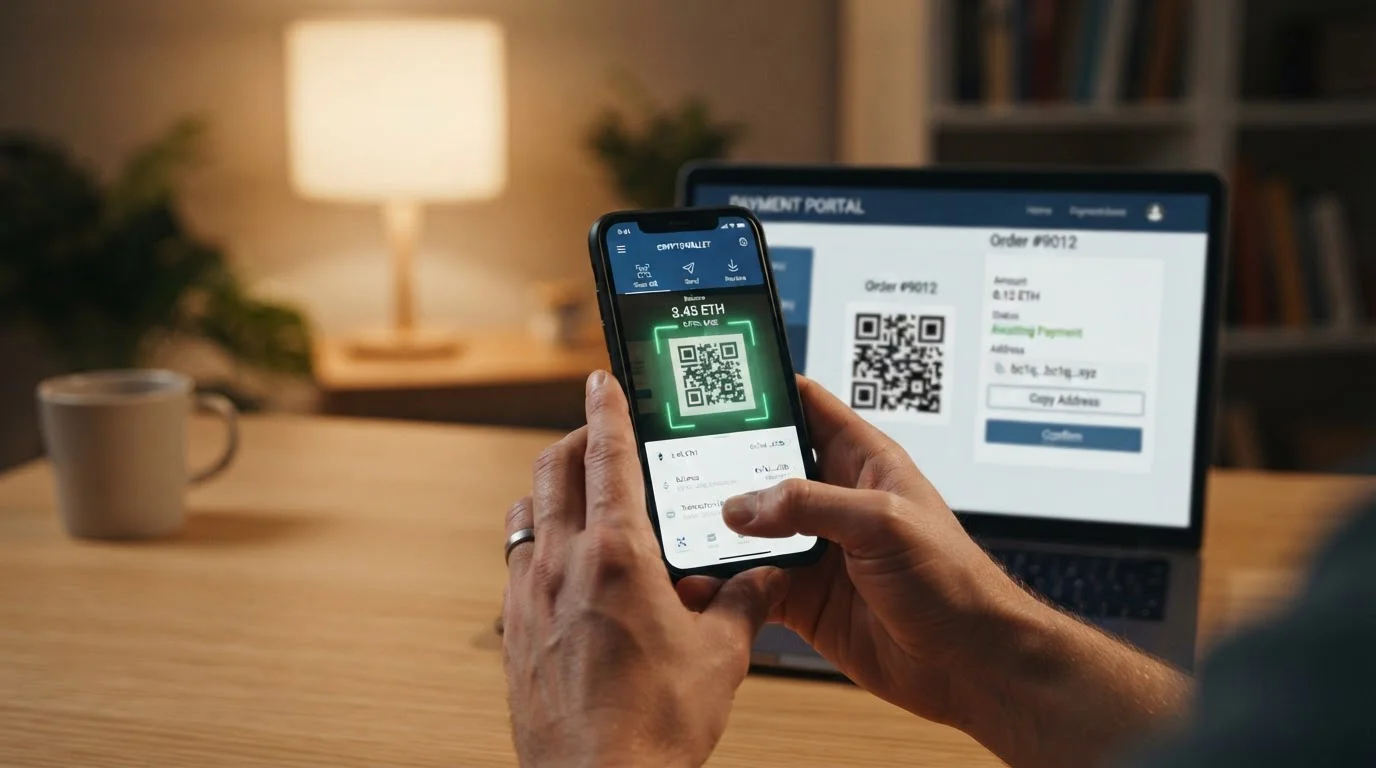 Manos sosteniendo teléfono inteligente con QR de wallet cripto y portátil al fondo